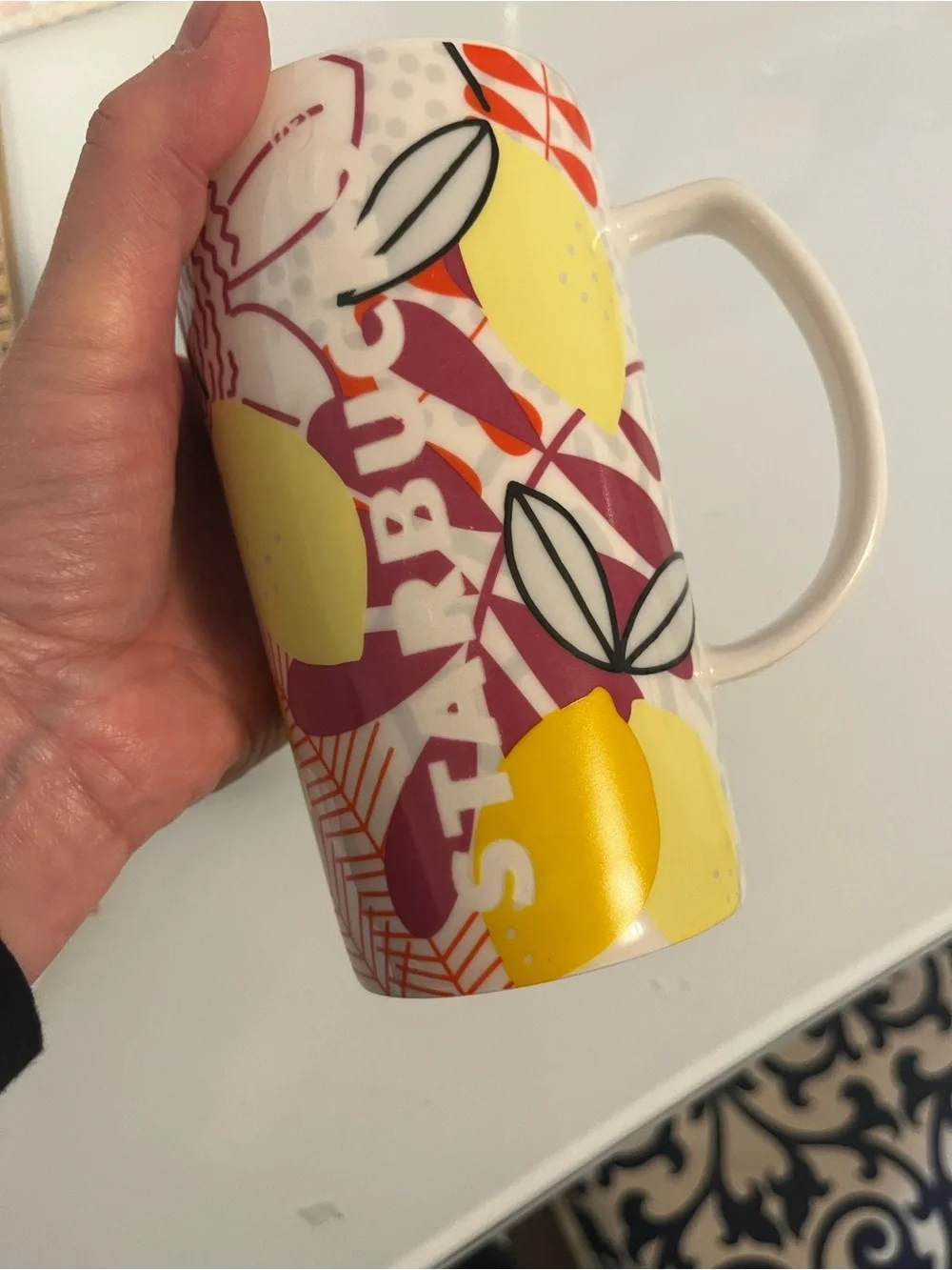Starbucks Yellow & Burgundy Floral Logo Mug